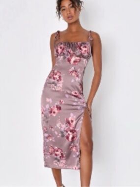 New Lulus Fleur-ty Tie Strap Floral Satin Slip Midi Dress in Mauve Pink Sz Large